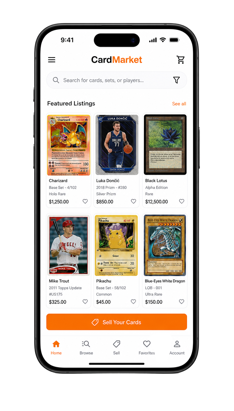 App móvil de TCG Market Panamá mostrando listados de cartas